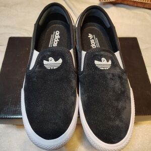 Adidas Black and White Suede Slip-Ons